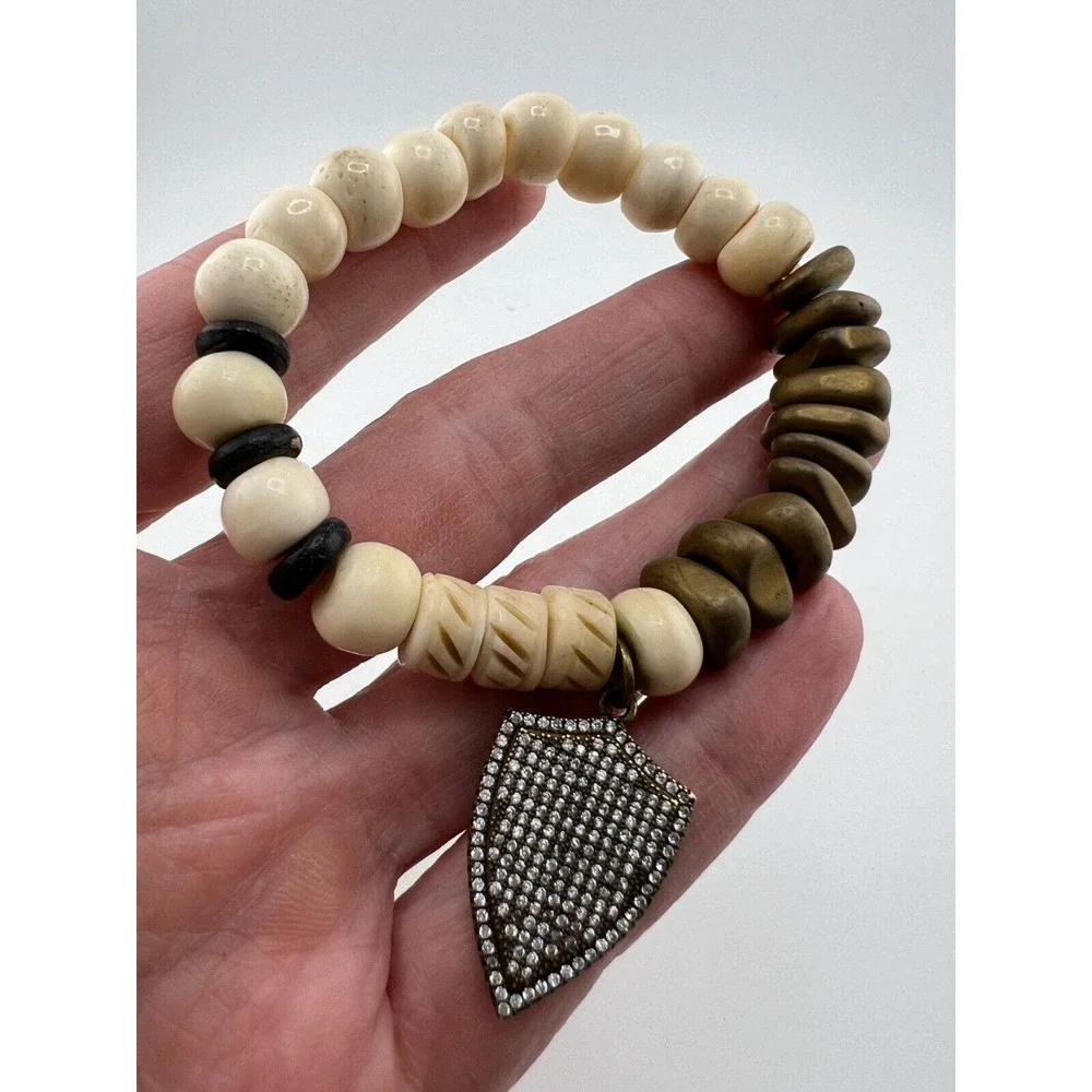 Vintage Beaded Stone Bracelet with‎ Diamond Shield